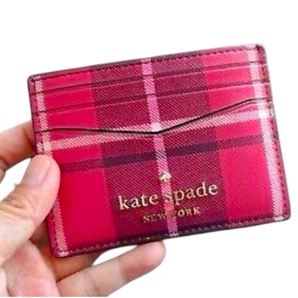 KATE SPADE MSRP $88 Staci Ditsy Buds Floral Slim Cardholder in Bright Rose Plaid - Picture 2 of 9